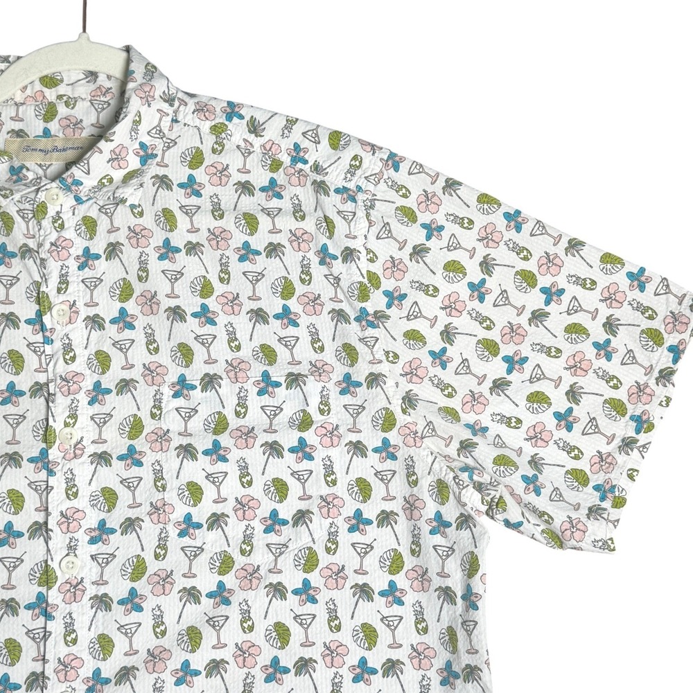Tommy Bahama Mens L Seersucker Shirt Tropical Cocktail Palm Tree  AOP Coastal